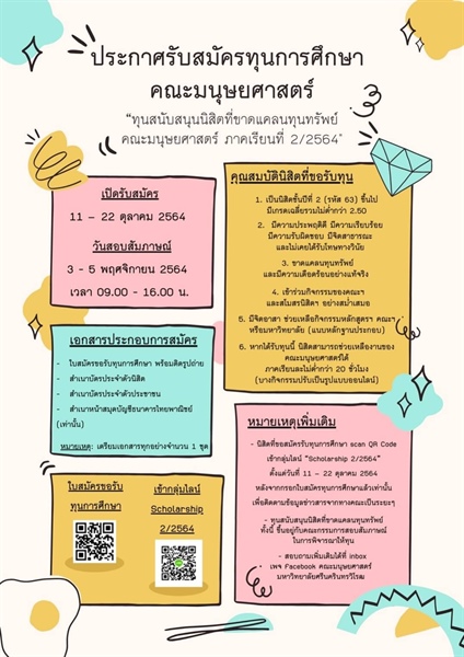 ประกาศรับสมัครทุนการศึกษา คณะมนุษยศาสตร์ "ทุนสนับสนุนนิสิตที่ขาดแคลนทุนทรัพย์ คณะมนุษยศาสตร์ ภาคเรียนที่ 2/2564"