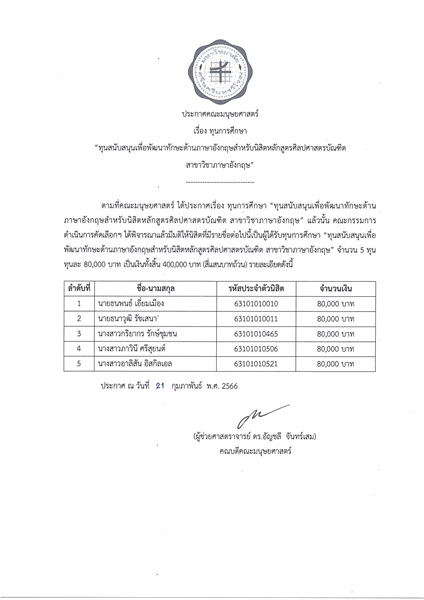 ประกาศรายชื่อนิสิตที่ได้รับทุนการศึกษา “ทุนสนับสนุนเพื่อพัฒนาทักษะด้านภาษาอังกฤษสำหรับนิสิตหลักสูตรศิลปศาสตรบัณฑิต สาขาวิชาภาษาอังกฤษ”